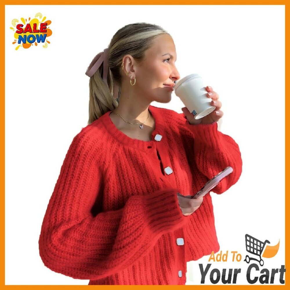 Soft Chunky Knit Cropped Cardigan Sweater Button Down Crewneck